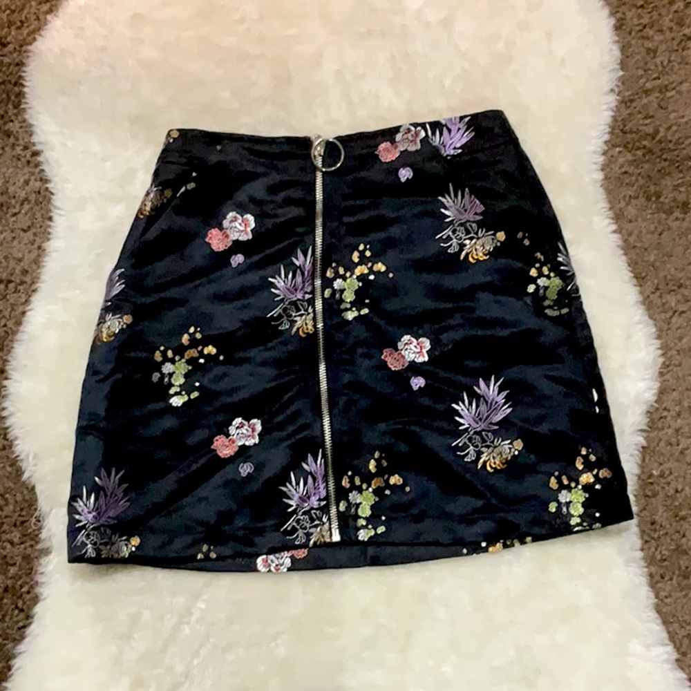 Honey Punch Black A-line Skirt with embroidered flowers.